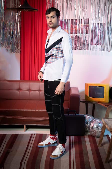 Shop Abkasa White Cotton Embroidery Vinyl Shirt Online at Aza Fashions Shop_Abkasa_White Cotton Embroidery Vinyl Shirt _Online_at_Aza_Fashions