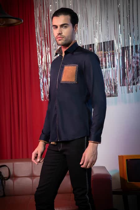 Abkasa_Blue Cotton Placement Patch Pocket Shirt _Online_at_Aza_Fashions
