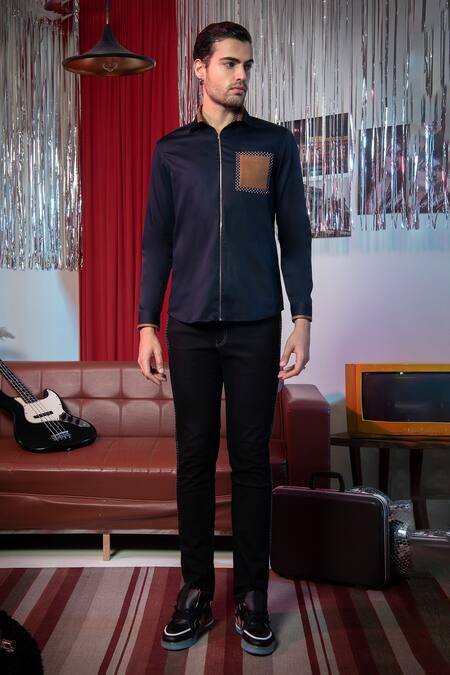 Buy_Abkasa_Blue Cotton Placement Patch Pocket Shirt _Online_at_Aza_Fashions