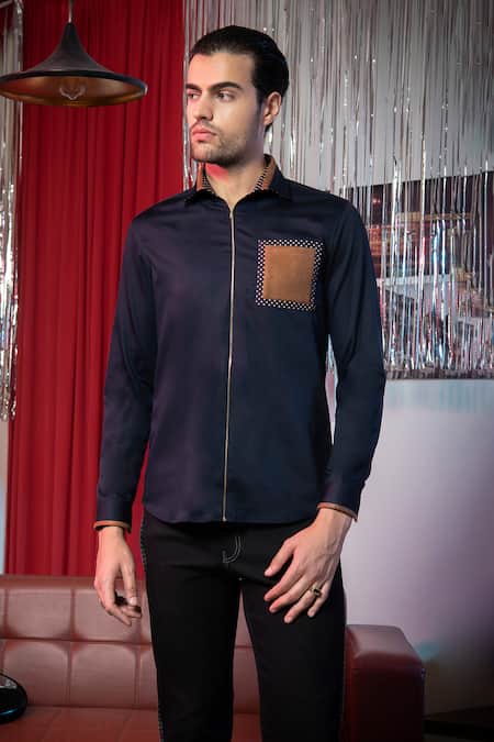 Shop_Abkasa_Blue Cotton Placement Patch Pocket Shirt _Online_at_Aza_Fashions