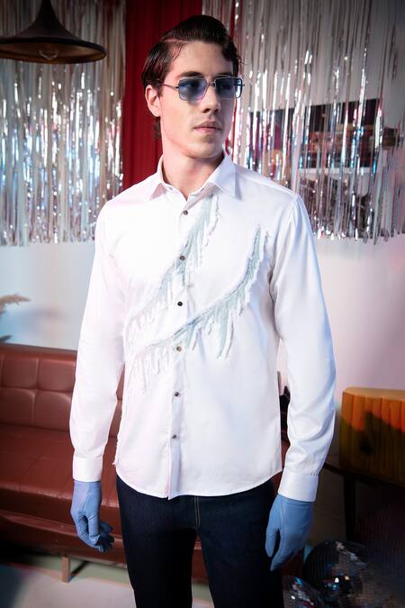 Shop Abkasa White Cotton Fringe Remix Denim Patch Work Shirt Online at Aza Fashions Shop_Abkasa_White Cotton Fringe Remix Denim Patch Work Shirt _Online_at_Aza_Fashions