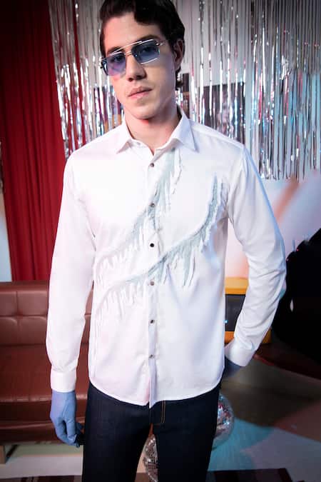 Abkasa White Cotton Fringe Remix Denim Patch Work Shirt at Aza Fashions Abkasa_White Cotton Fringe Remix Denim Patch Work Shirt _at_Aza_Fashions