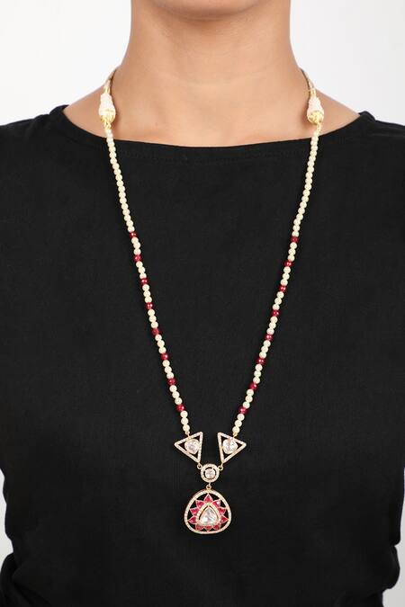 Minaki Vintage Embellished Long Necklace Jewellery Set | Red, Mixed Metal  Alloy, Kundan | Long necklace, Necklace set, Pearl layers