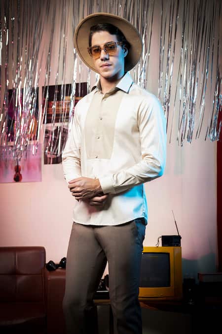Abkasa Beige Cotton Ranch Contrast Placket Shirt Online at Aza Fashions Abkasa_Beige Cotton Ranch Contrast Placket Shirt _Online_at_Aza_Fashions