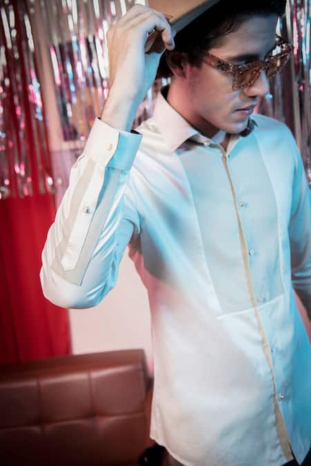 Shop Abkasa Beige Cotton Ranch Contrast Placket Shirt Online at Aza Fashions Shop_Abkasa_Beige Cotton Ranch Contrast Placket Shirt _Online_at_Aza_Fashions