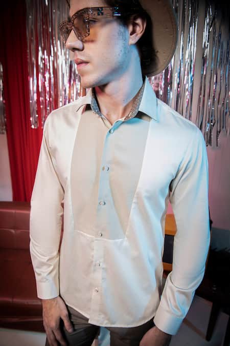 Abkasa Beige Cotton Ranch Contrast Placket Shirt at Aza Fashions Abkasa_Beige Cotton Ranch Contrast Placket Shirt _at_Aza_Fashions