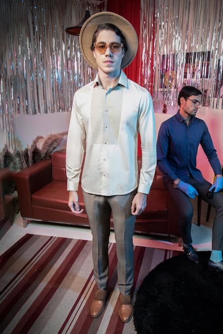 Buy Abkasa Beige Cotton Ranch Contrast Placket Shirt Buy_Abkasa_Beige Cotton Ranch Contrast Placket Shirt