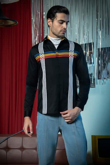 Abkasa_Black Cotton Embroidery Karaoke Shirt _Online_at_Aza_Fashions