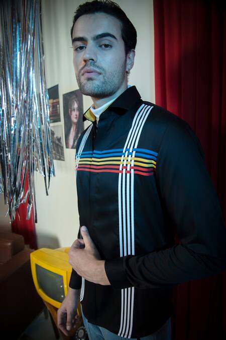 Shop_Abkasa_Black Cotton Embroidery Karaoke Shirt _Online_at_Aza_Fashions