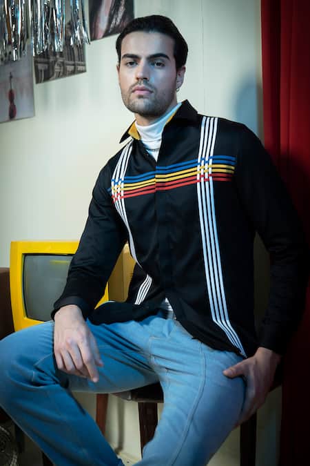 Abkasa_Black Cotton Embroidery Karaoke Shirt _at_Aza_Fashions