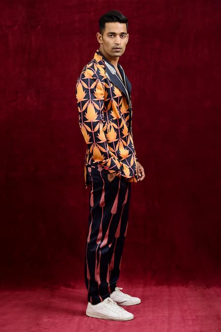Buy_Gaurav Katta_Orange Modal, Cotton Lotus Hand Painted Blazer _Online_at_Aza_Fashions