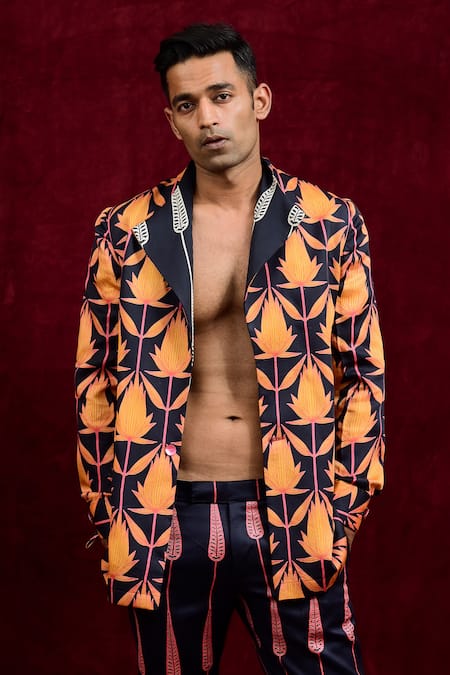 Shop_Gaurav Katta_Orange Modal, Cotton Lotus Hand Painted Blazer _Online_at_Aza_Fashions