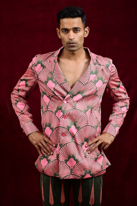 Shop_Gaurav Katta_Pink Modal, Cotton Hand Painted Carnation Blazer _Online_at_Aza_Fashions