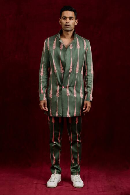 Gaurav Katta_Green Modal, Cotton Hand Painted Blazer _Online_at_Aza_Fashions