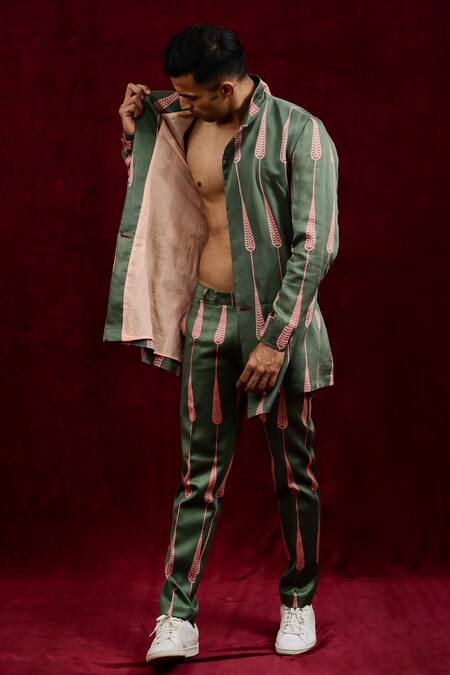 Shop_Gaurav Katta_Green Modal, Cotton Hand Painted Blazer _Online_at_Aza_Fashions