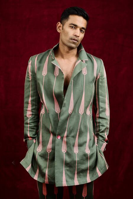 Gaurav Katta_Green Modal, Cotton Hand Painted Blazer _at_Aza_Fashions