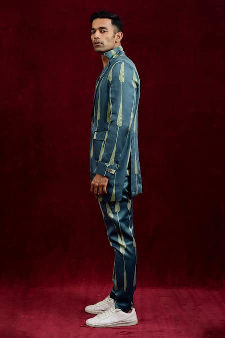 Gaurav Katta_Blue Modal, Cotton Lapel Collar Hand Painted Blazer _Online_at_Aza_Fashions