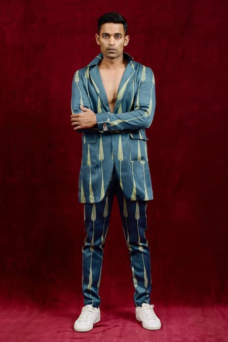 Shop_Gaurav Katta_Blue Modal, Cotton Lapel Collar Hand Painted Blazer _Online_at_Aza_Fashions
