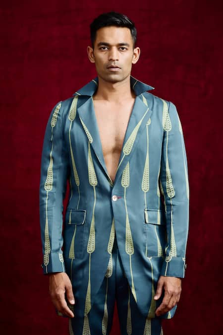 Gaurav Katta_Blue Modal, Cotton Lapel Collar Hand Painted Blazer _at_Aza_Fashions