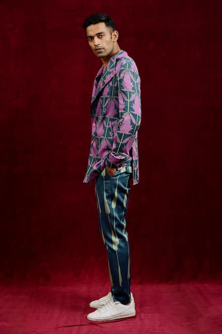Gaurav Katta_Blue Modal, Cotton Hand Painted Lotus Blazer _Online_at_Aza_Fashions