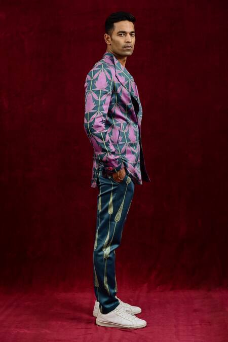 Buy_Gaurav Katta_Blue Modal, Cotton Hand Painted Lotus Blazer _Online_at_Aza_Fashions