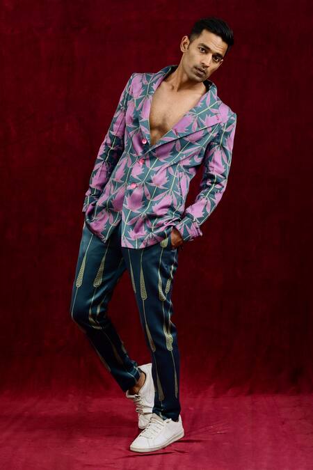 Shop_Gaurav Katta_Blue Modal, Cotton Hand Painted Lotus Blazer _Online_at_Aza_Fashions