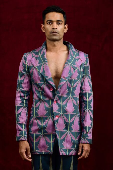 Gaurav Katta_Blue Modal, Cotton Hand Painted Lotus Blazer _at_Aza_Fashions