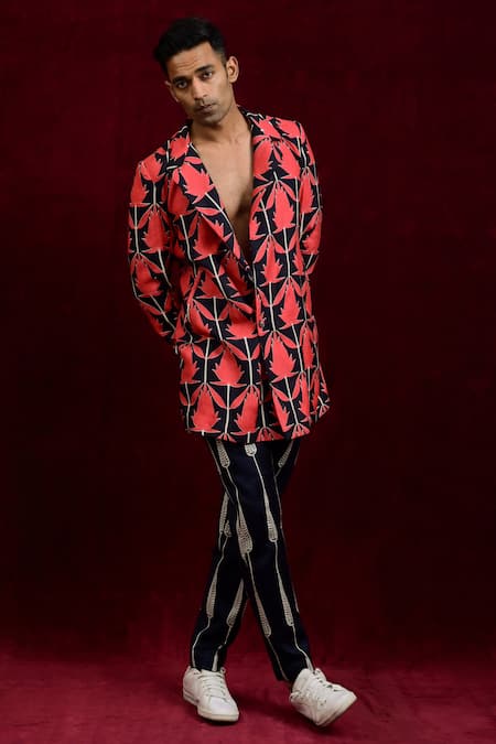 Shop_Gaurav Katta_Red Modal, Cotton Contrast Hand Painted Blazer _Online_at_Aza_Fashions