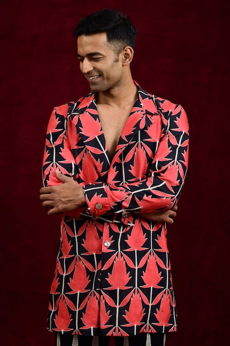 Gaurav Katta_Red Modal, Cotton Contrast Hand Painted Blazer _at_Aza_Fashions