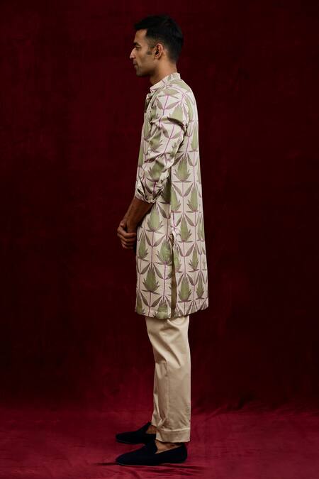 Gaurav Katta_Ivory Modal Lotus Hand Painted Long Shirt Kurta _Online_at_Aza_Fashions