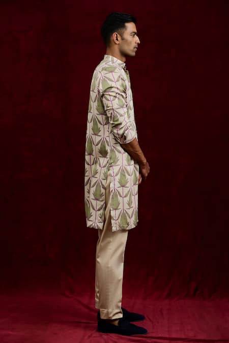 Buy_Gaurav Katta_Ivory Modal Lotus Hand Painted Long Shirt Kurta _Online_at_Aza_Fashions