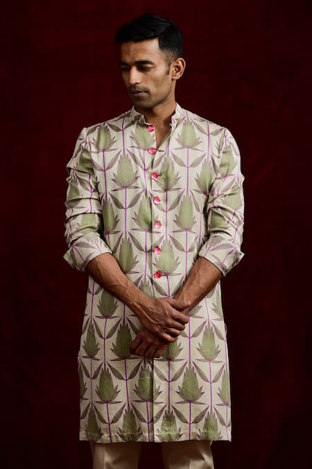 Shop_Gaurav Katta_Ivory Modal Lotus Hand Painted Long Shirt Kurta _Online_at_Aza_Fashions