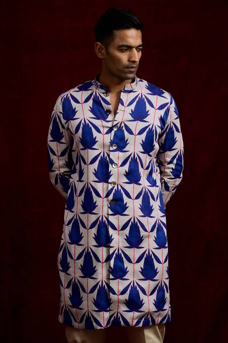 Shop Gaurav Katta Blue Modal Embroidery Long Lotus Hand Painted Shirt Kurta Online at Aza Fashions Shop_Gaurav Katta_Blue Modal Embroidery Long Lotus Hand Painted Shirt Kurta _Online_at_Aza_Fashions