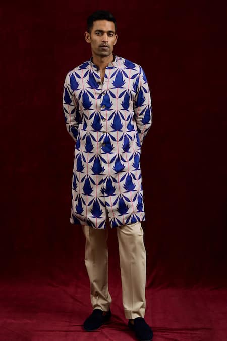 Gaurav Katta Blue Modal Embroidery Long Lotus Hand Painted Shirt Kurta at Aza Fashions Gaurav Katta_Blue Modal Embroidery Long Lotus Hand Painted Shirt Kurta _at_Aza_Fashions
