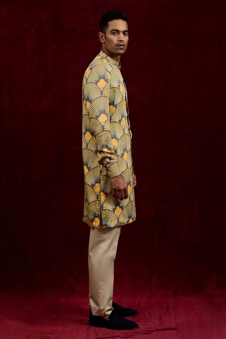 Gaurav Katta Yellow Moda Silk Hand Paint Carnations Shirt Kurta  4