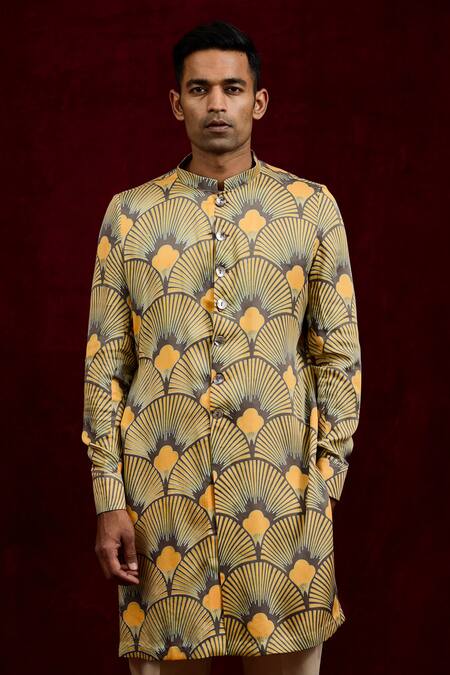 Gaurav Katta Yellow Moda Silk Hand Paint Carnations Shirt Kurta  5