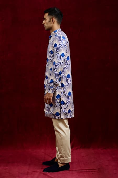 Gaurav Katta Blue Modal Embroidery Long Carnation Hand Painted Kurta Online at Aza Fashions Gaurav Katta_Blue Modal Embroidery Long Carnation Hand Painted Kurta _Online_at_Aza_Fashions