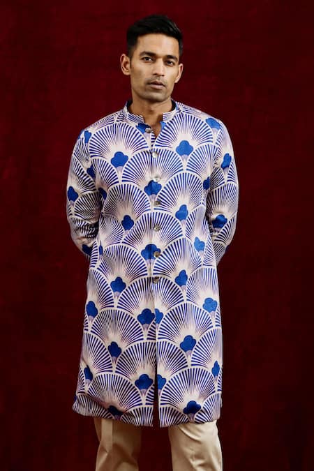 Shop Gaurav Katta Blue Modal Embroidery Long Carnation Hand Painted Kurta Online at Aza Fashions Shop_Gaurav Katta_Blue Modal Embroidery Long Carnation Hand Painted Kurta _Online_at_Aza_Fashions
