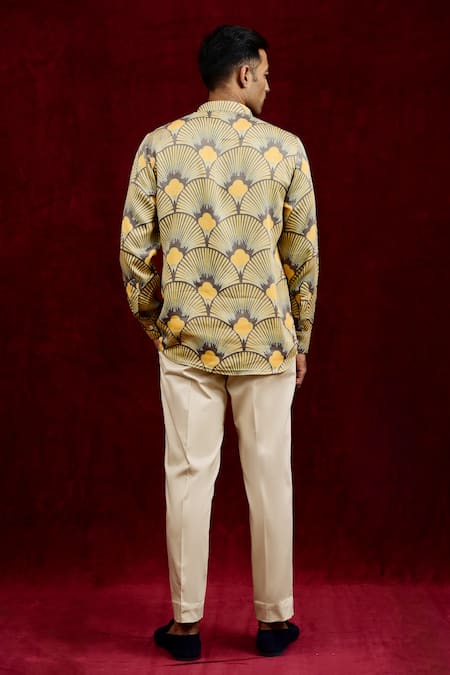 Shop_Gaurav Katta_Yellow Modal Embroidery Carnation Hand Painted Shirt _at_Aza_Fashions