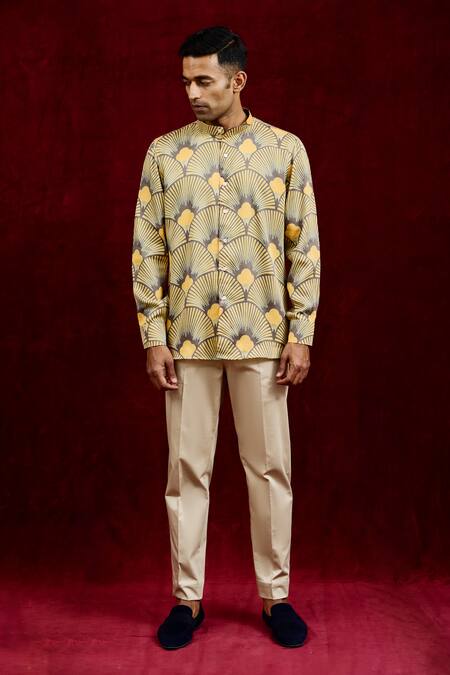 Gaurav Katta_Yellow Modal Embroidery Carnation Hand Painted Shirt _Online_at_Aza_Fashions