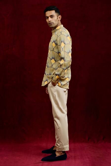 Buy_Gaurav Katta_Yellow Modal Embroidery Carnation Hand Painted Shirt _Online_at_Aza_Fashions