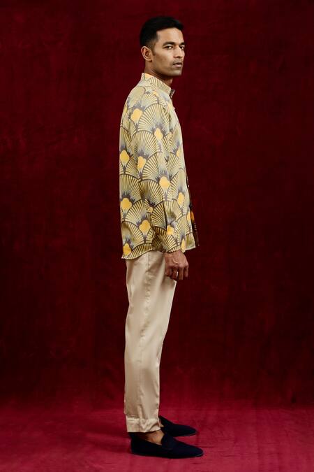 Shop_Gaurav Katta_Yellow Modal Embroidery Carnation Hand Painted Shirt _Online_at_Aza_Fashions