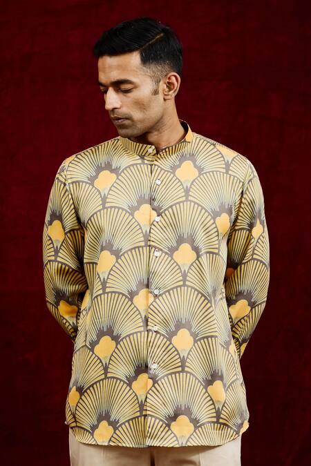 Gaurav Katta_Yellow Modal Embroidery Carnation Hand Painted Shirt _at_Aza_Fashions