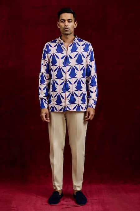 Gaurav Katta_Blue Modal Embroidery Lotus Bloom Pattern Shirt _Online_at_Aza_Fashions