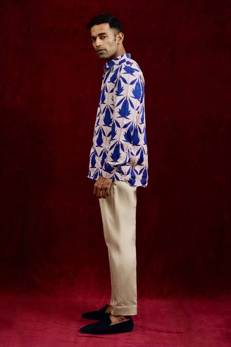 Buy_Gaurav Katta_Blue Modal Embroidery Lotus Bloom Pattern Shirt _Online_at_Aza_Fashions