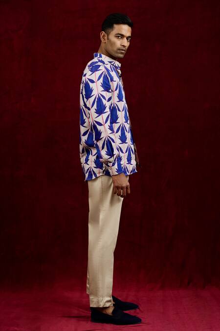 Shop_Gaurav Katta_Blue Modal Embroidery Lotus Bloom Pattern Shirt _Online_at_Aza_Fashions