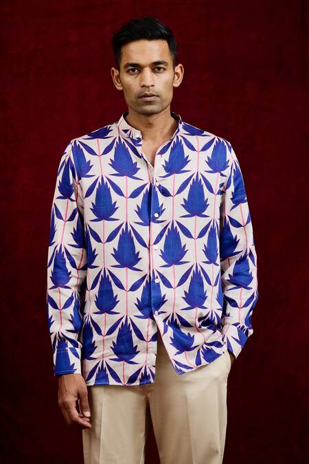 Gaurav Katta_Blue Modal Embroidery Lotus Bloom Pattern Shirt _at_Aza_Fashions