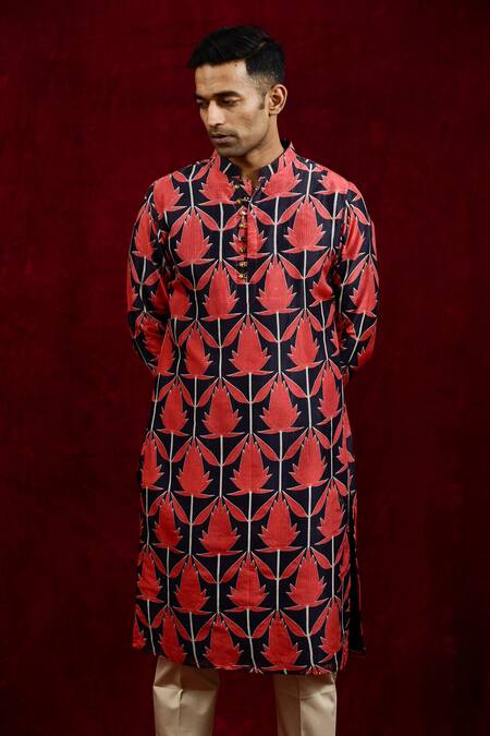 Shop Gaurav Katta Red Modal Hand Painted Kurta Online at Aza Fashions Shop_Gaurav Katta_Red Modal Hand Painted Kurta _Online_at_Aza_Fashions
