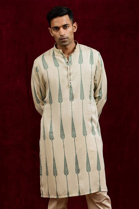Gaurav Katta_Ivory Modal Embroidery Hand Painted Euphorbia Kurta _Online_at_Aza_Fashions