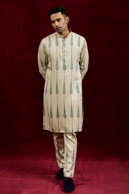 Shop_Gaurav Katta_Ivory Modal Embroidery Hand Painted Euphorbia Kurta _Online_at_Aza_Fashions